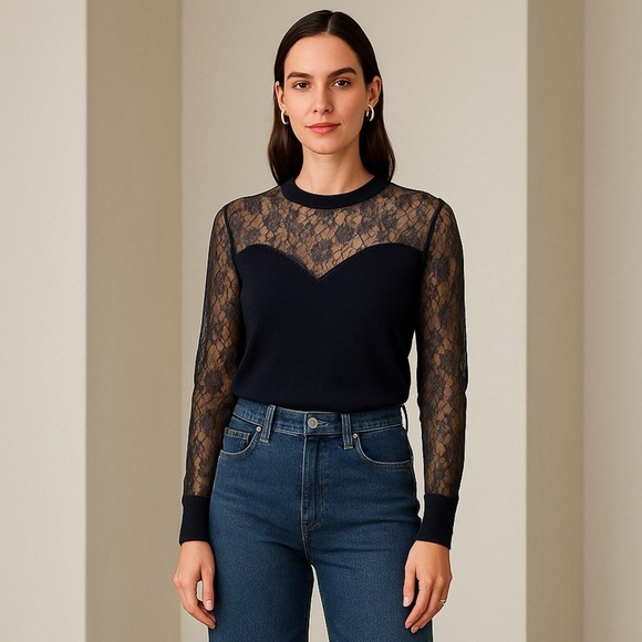 Ramy Brooke Lindsay Sweater Size L Black Lace Cashmere Blend Party Romantic - Picture 1 of 16